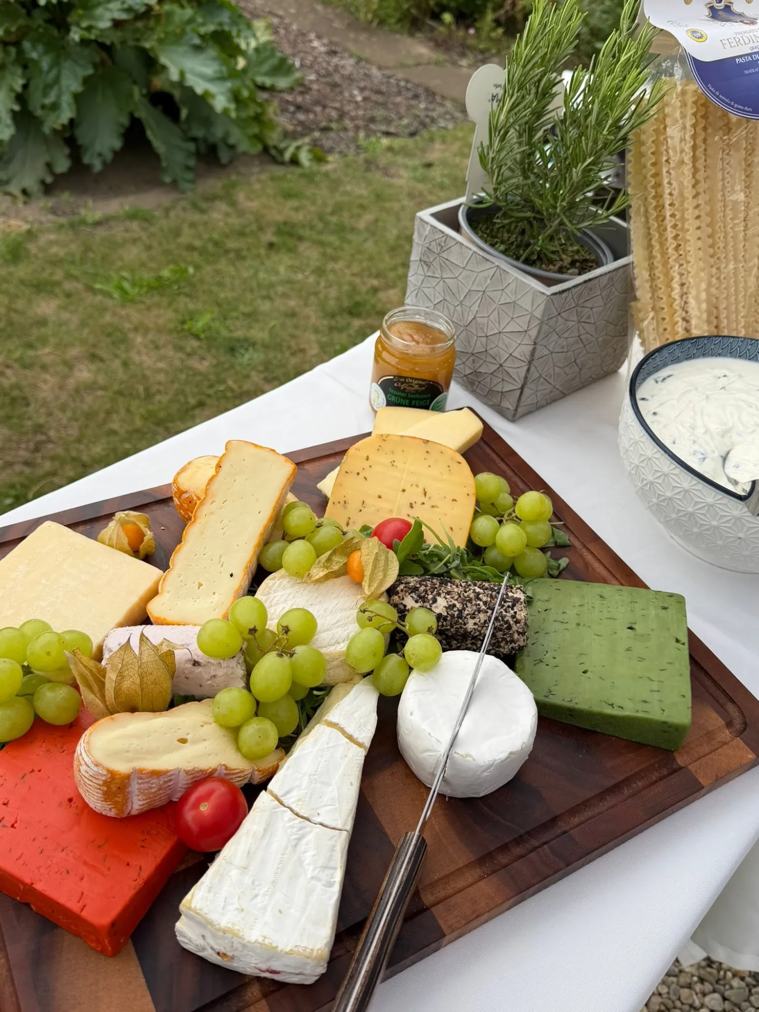Käseplatte mit Trauben im Freien